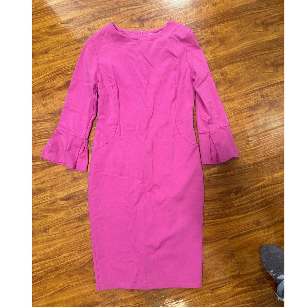 Women's Sheath‎ Dress Midi Pink Long Sleeve Bell Crew Neck Stretch Size 12